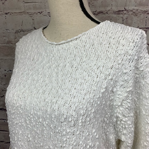 J. Jill White Roll Tab Sleeve Cotton Textured Knit Sweater - Picture 4 of 8